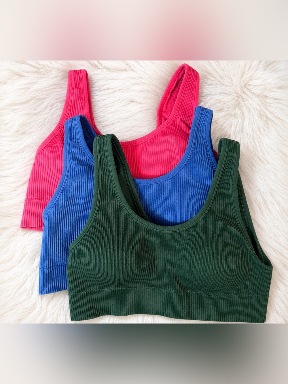 torrid Ribbed Seamless Bralette Trio in Pink, Blue & Green